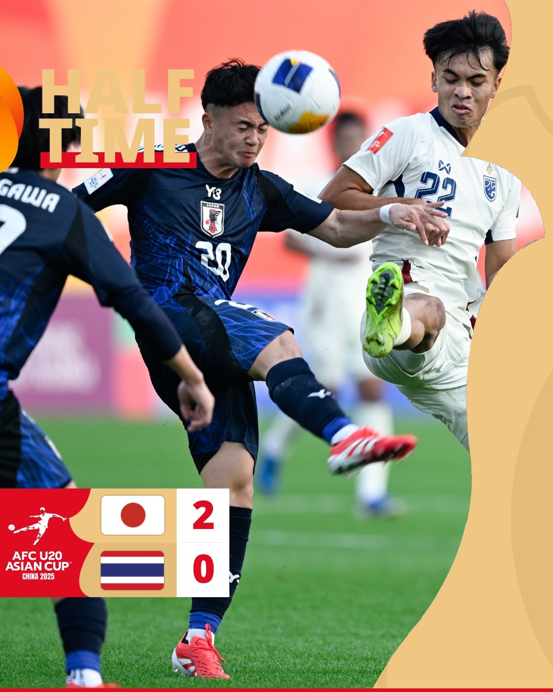  半場-日本U20 2-0領(lǐng)先泰國U20，石井久繼破門+中柱 泰國0射正