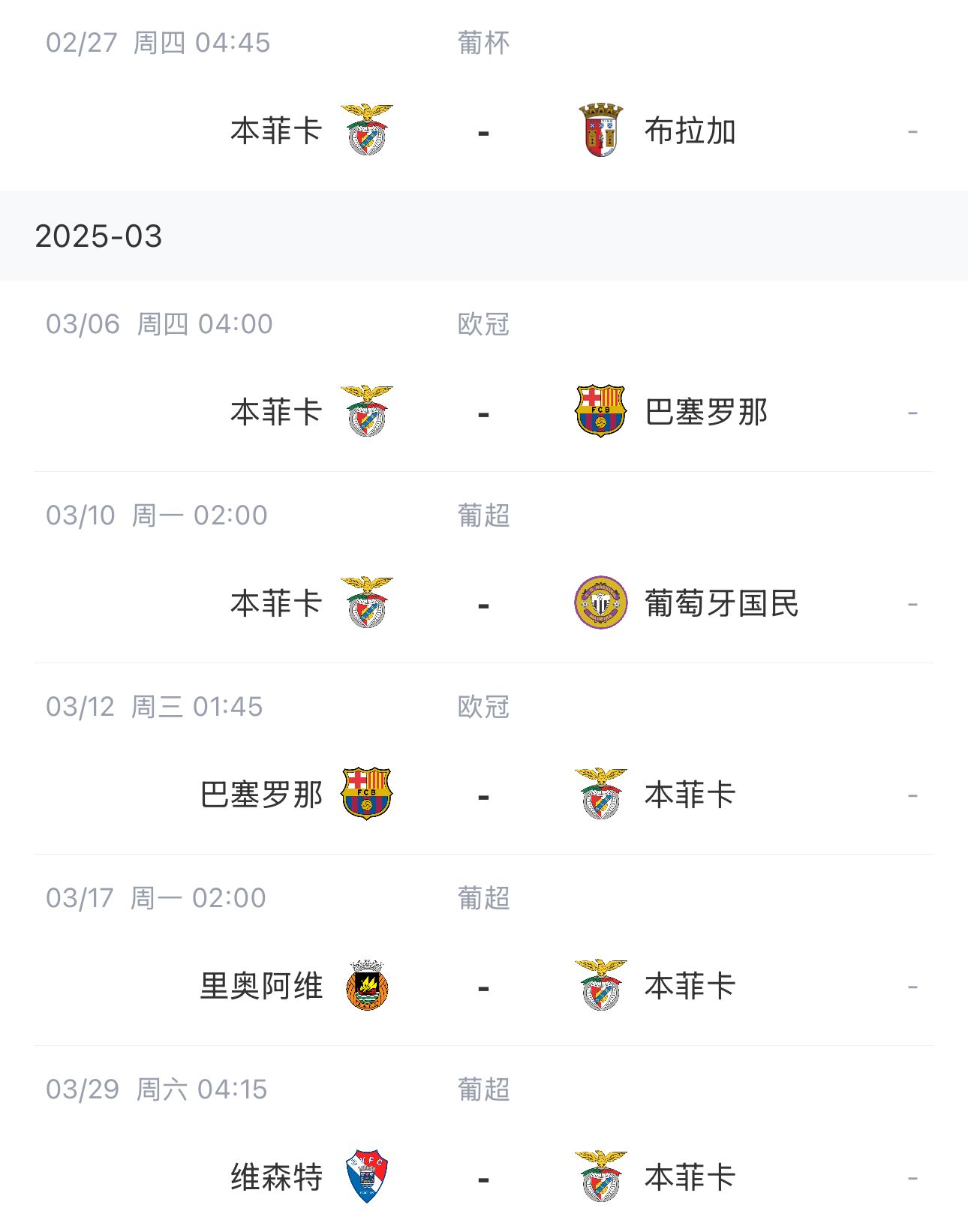  讓路歐冠！本菲卡戰(zhàn)巴薩首回合比賽前的葡超比賽推遲進(jìn)行