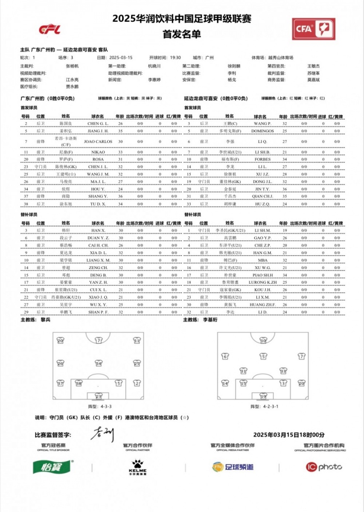  廣州豹vs延邊龍鼎首發(fā)：卡洛斯、羅薩、尼康三外援領(lǐng)銜廣州豹